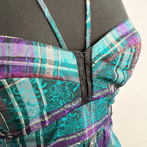 Camille La Vie Halter Plaid Bubble Dress Teal Purple Mini Jacquard Size XS - Picture 4 of 9